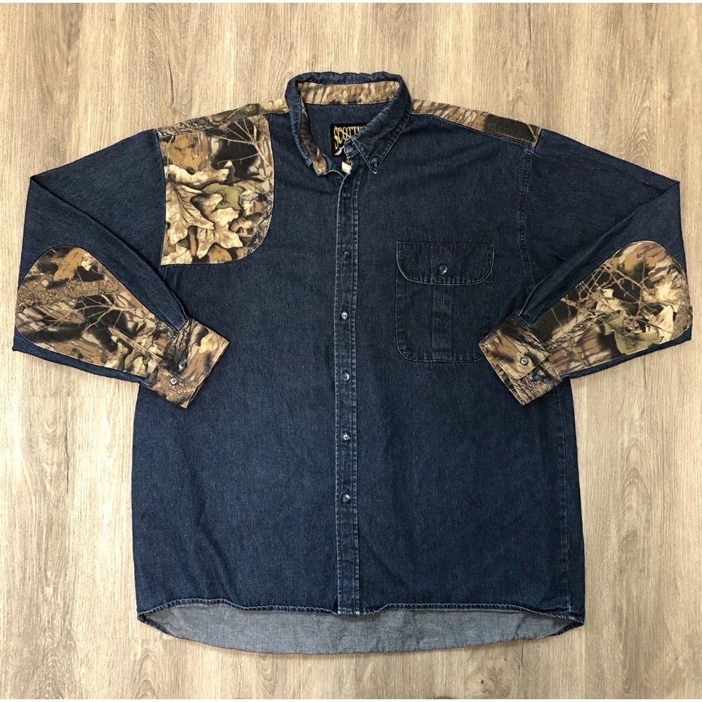 Vintage Denim Camouflage Patchwork Button Down Shirt Men's Size XL 100% Cotton